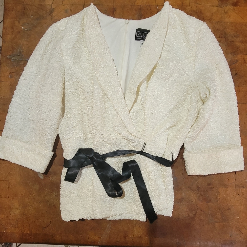 Alex Evenings Ivory Wrap Jacket with Black Belt